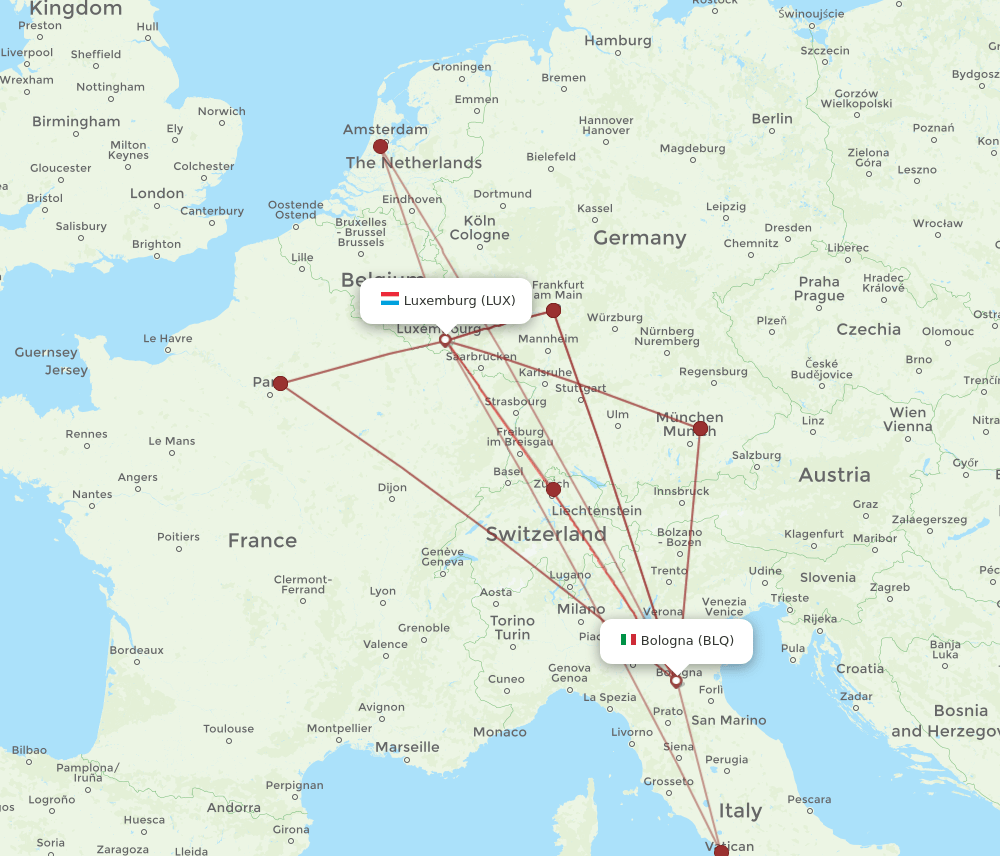 BLQ to LUX flights and routes map