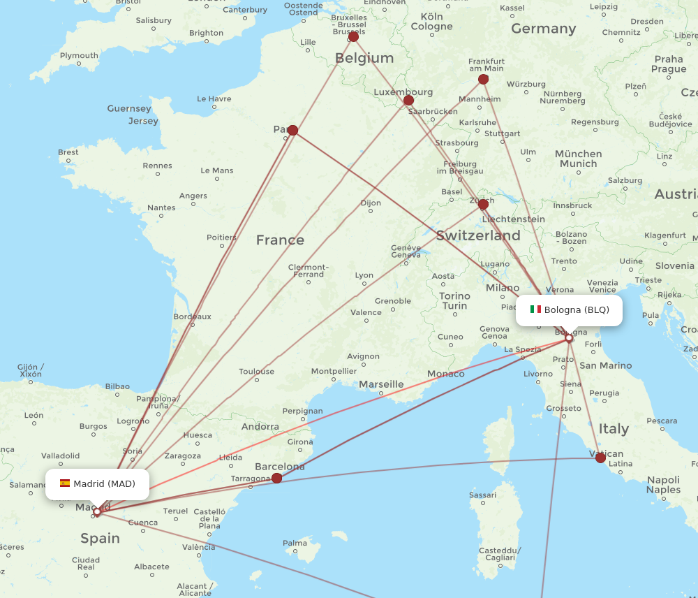 BLQ to MAD flights and routes map