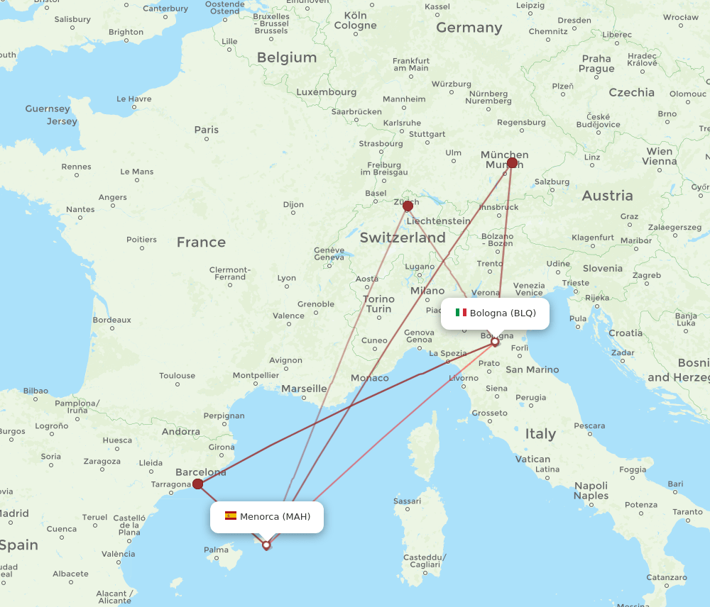 BLQ to MAH flights and routes map