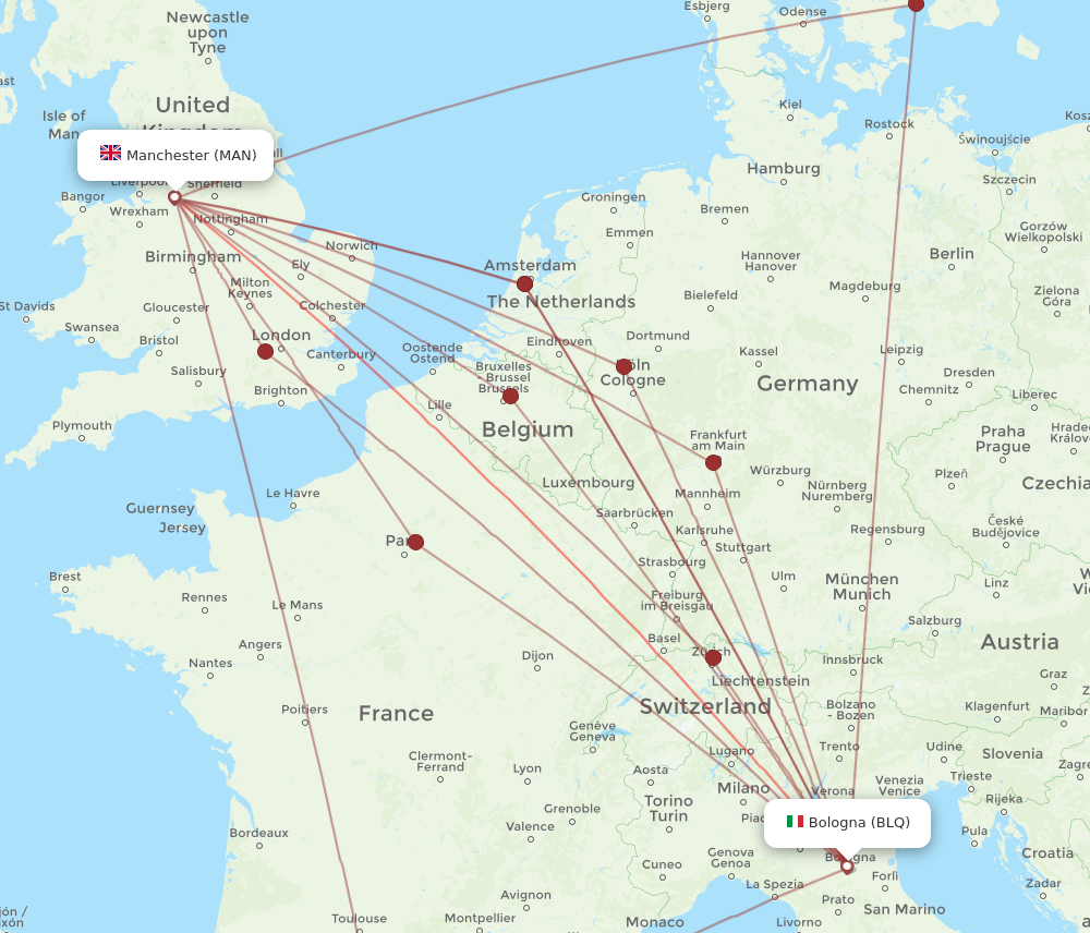 BLQ to MAN flights and routes map