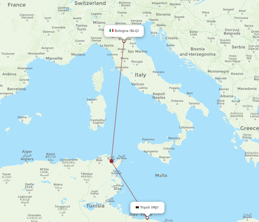 Mitiga, Tripoli - Bologna route map and flight paths