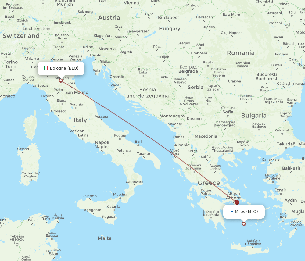 Milos - Bologna route map and flight paths