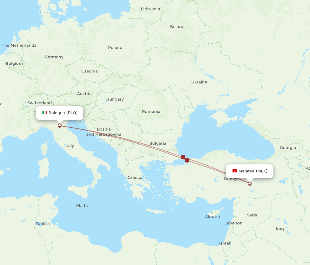 BLQ to MLX flights and routes map