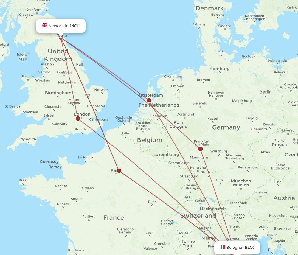 BLQ-NCL flight routes