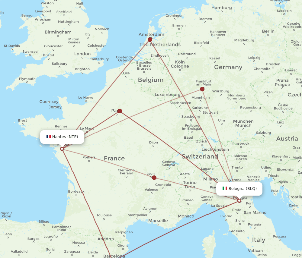 BLQ-NTE flight routes