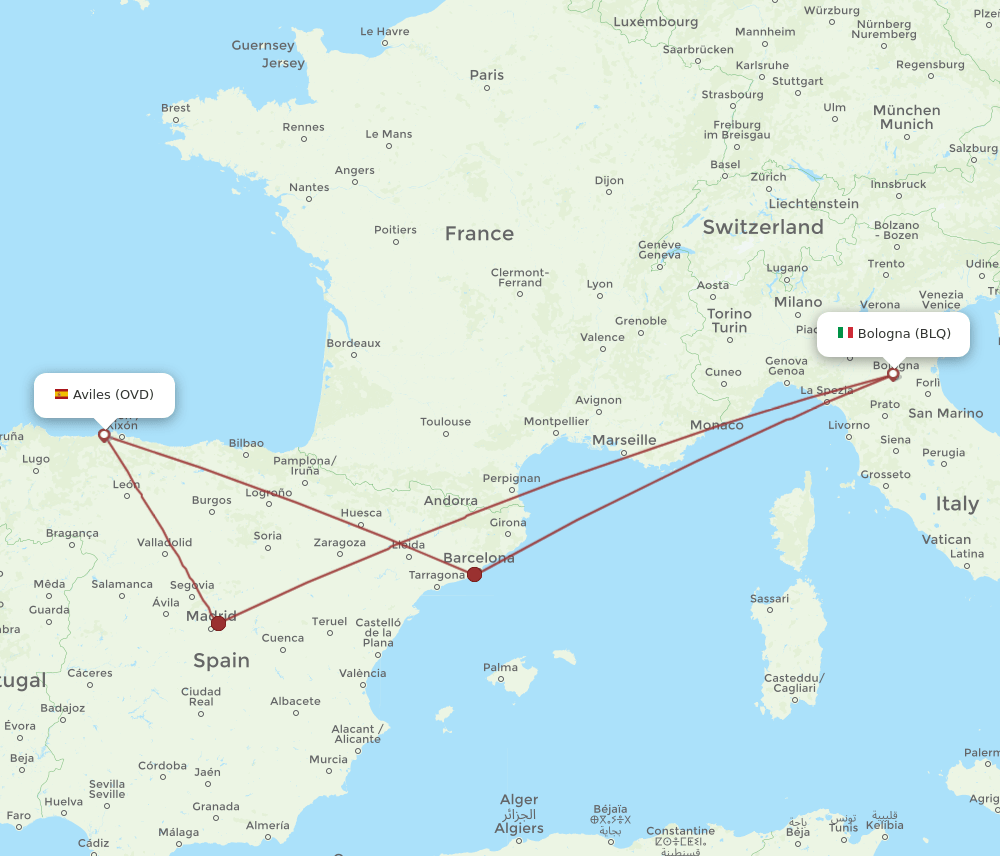 BLQ-OVD flight routes
