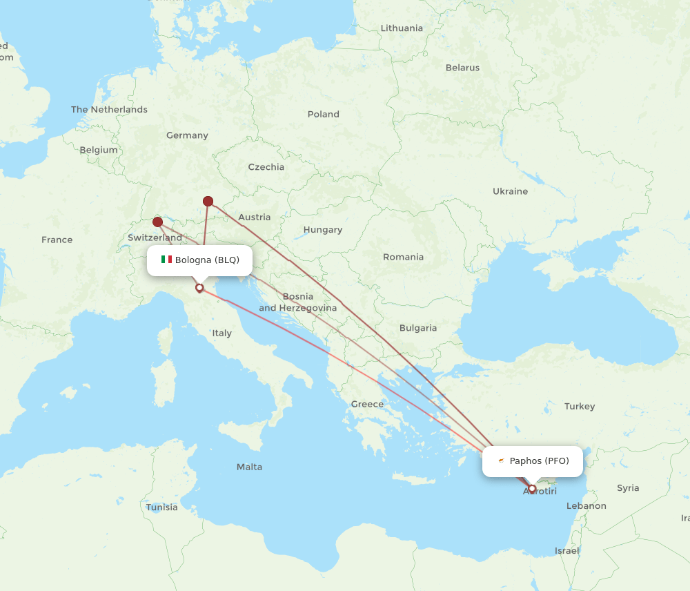 Paphos - Bologna route map and flight paths
