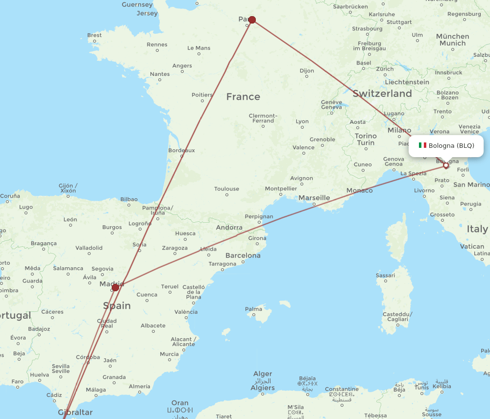 BLQ-RBA flight routes