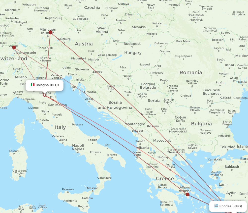BLQ to RHO flights and routes map