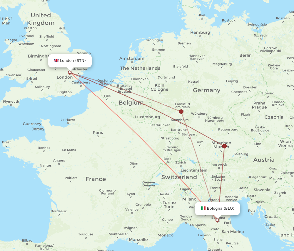 BLQ to STN flights and routes map