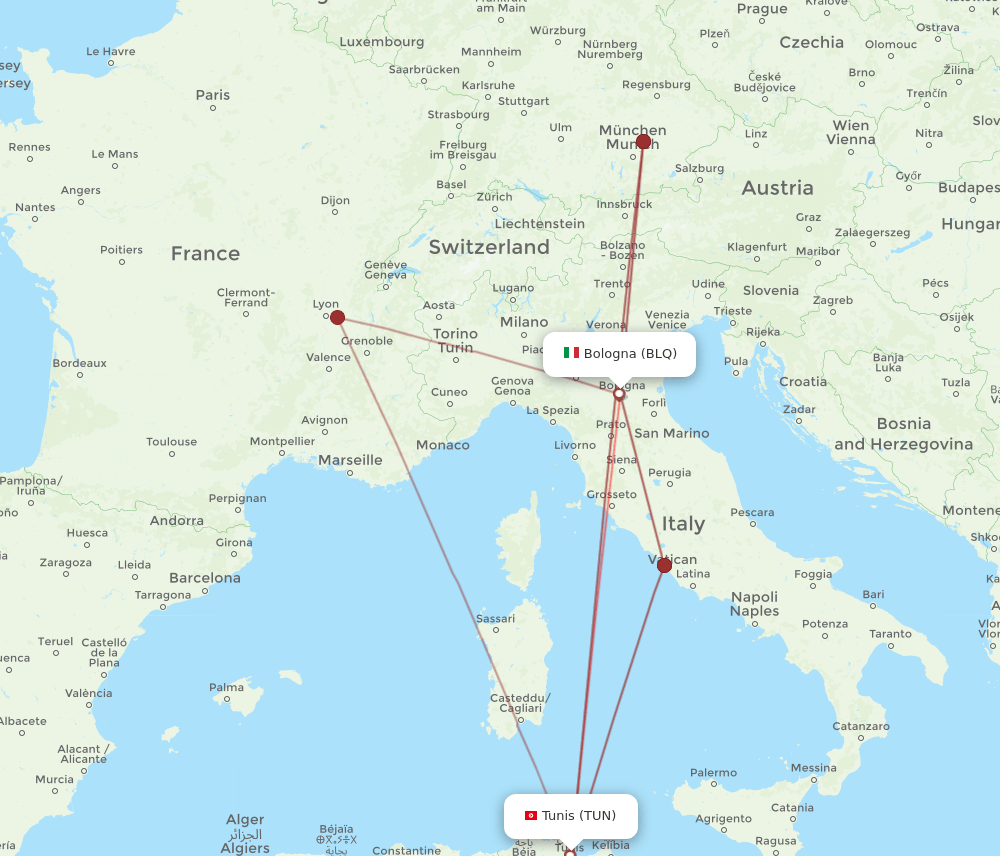 BLQ to TUN flights and routes map