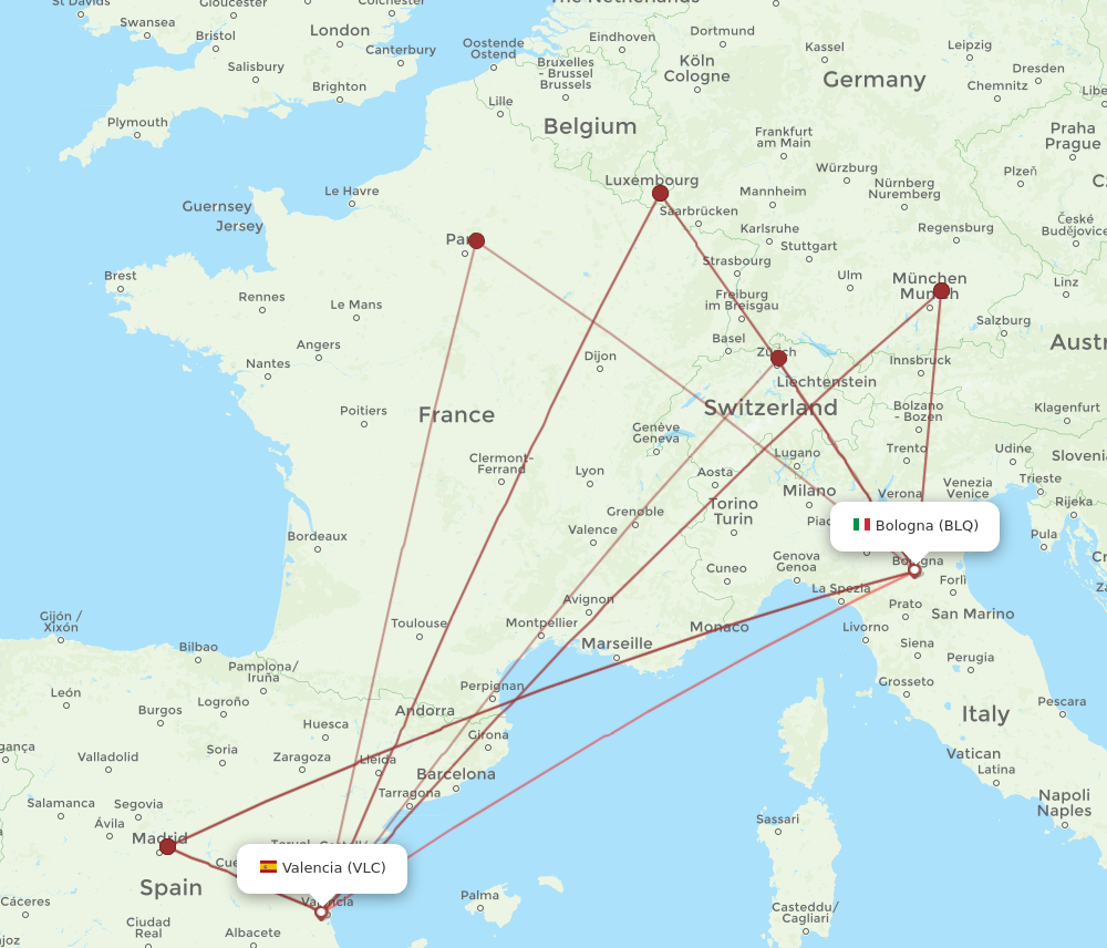 BLQ to VLC flights and routes map