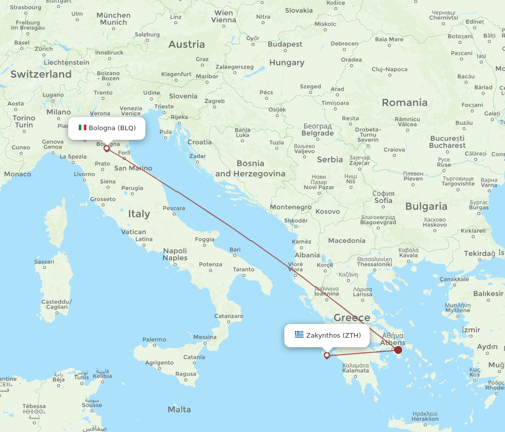 Zakinthos - Bologna route map and flight paths