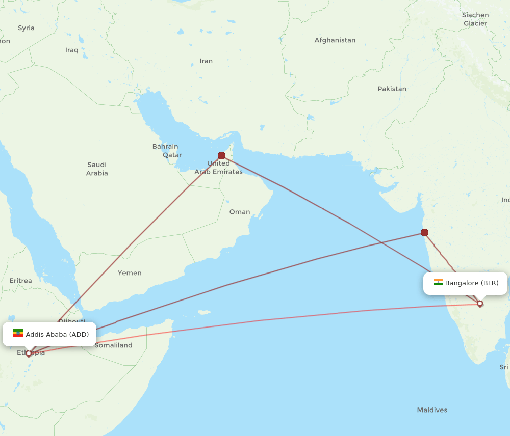 BLR to ADD flights and routes map