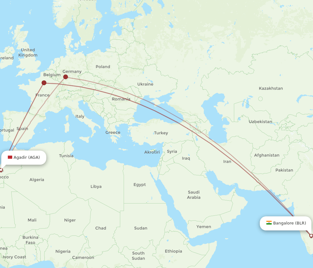 Agadir - Bengaluru route map and flight paths