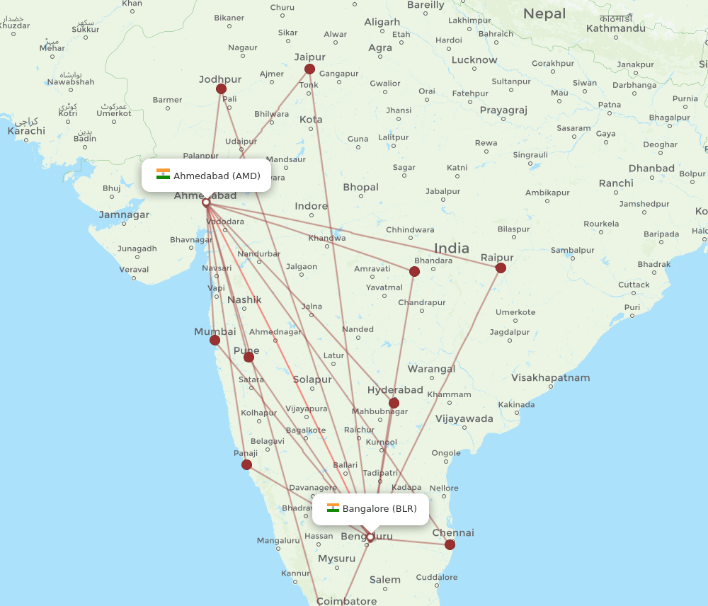 BLR to AMD flights and routes map