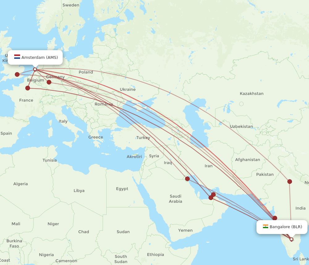 BLR to AMS flights and routes map