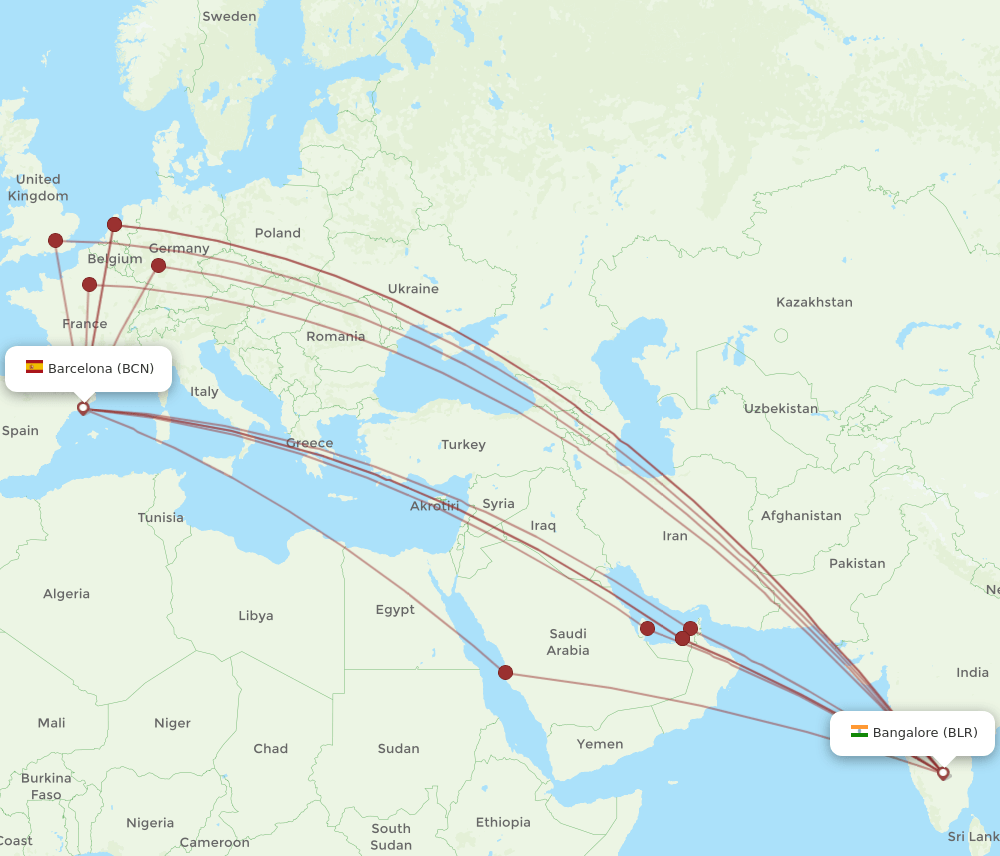 BLR to BCN flights and routes map