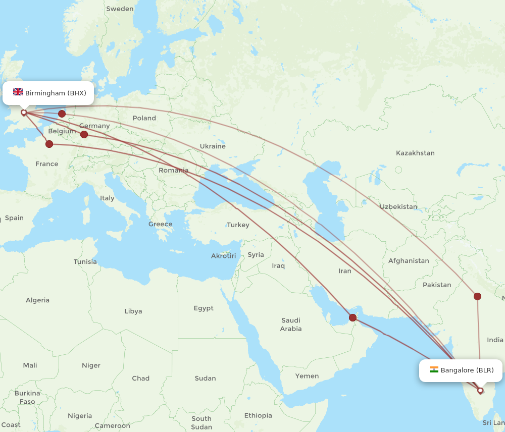 BLR to BHX flights and routes map