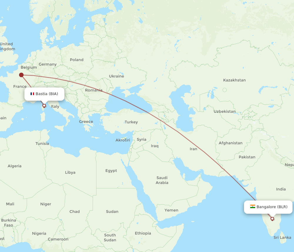 Bastia - Bengaluru route map and flight paths
