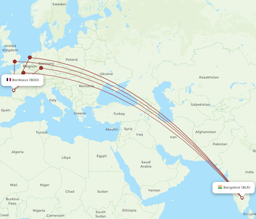 BLR-BOD flight routes