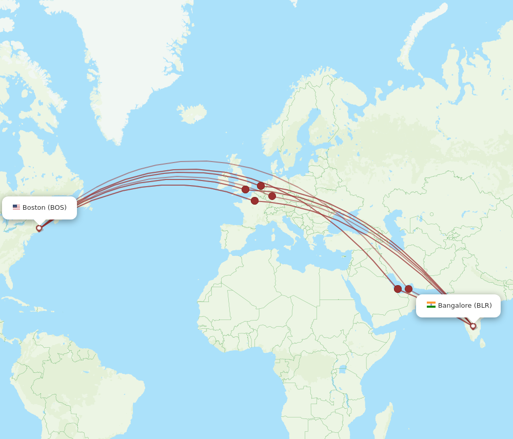 BLR to BOS flights and routes map