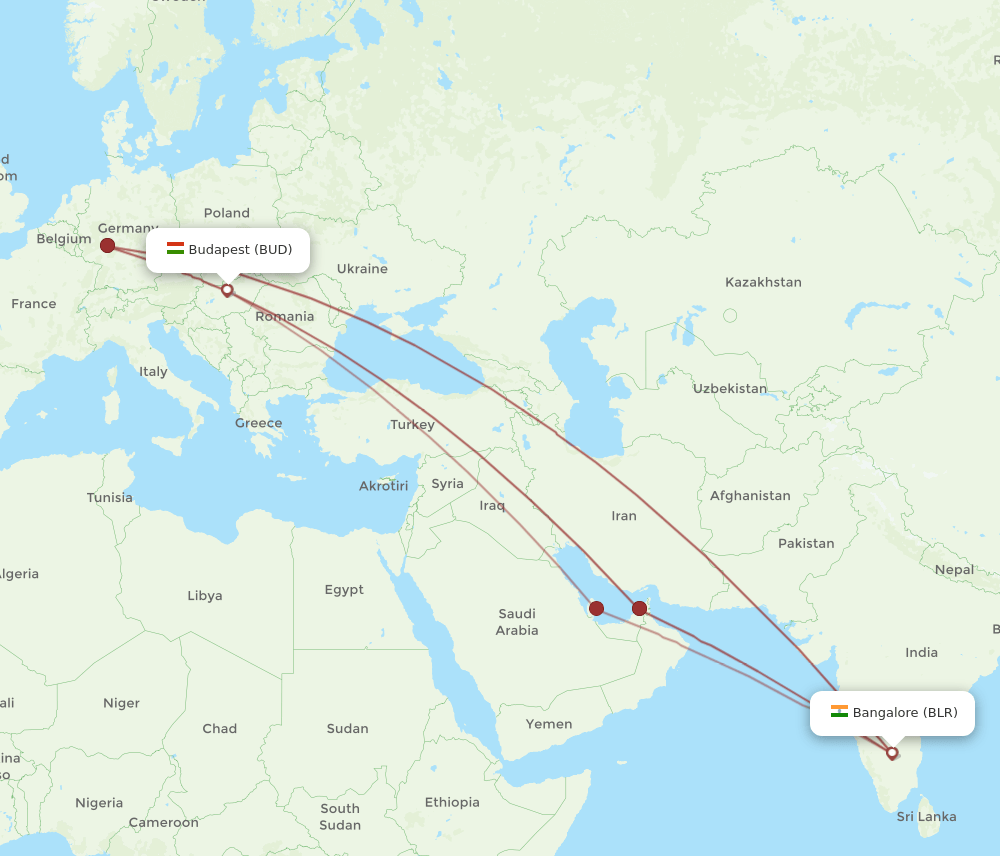 BLR-BUD flight routes