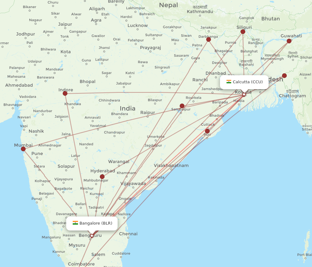 BLR to CCU flights and routes map