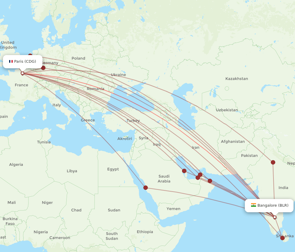 BLR to CDG flights and routes map