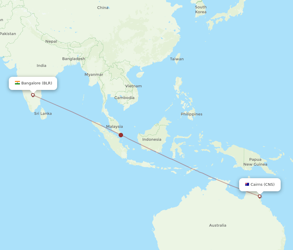 Cairns - Bengaluru route map and flight paths