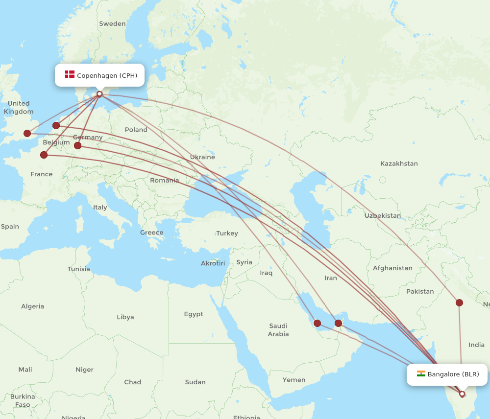 BLR to CPH flights and routes map