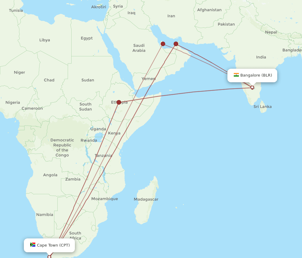 BLR-CPT flight routes