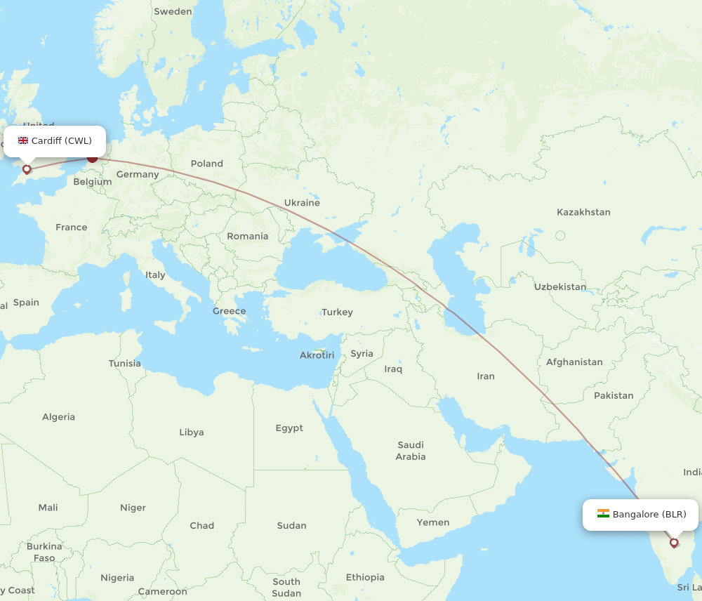 BLR-CWL flight routes