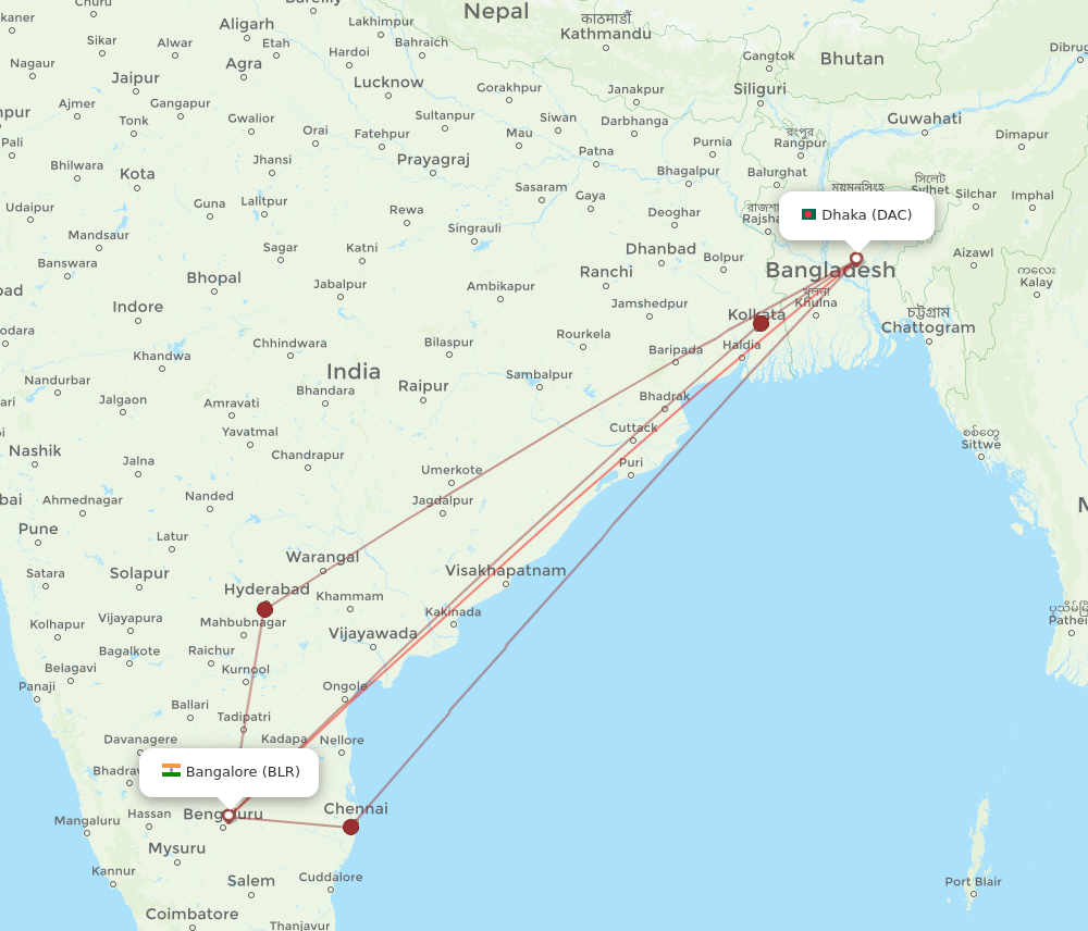 BLR to DAC flights and routes map