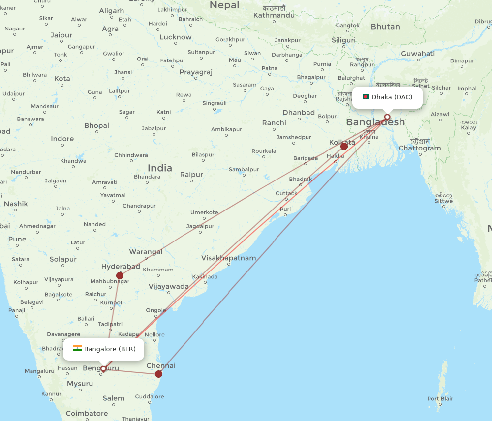 BLR to DAC flights and routes map