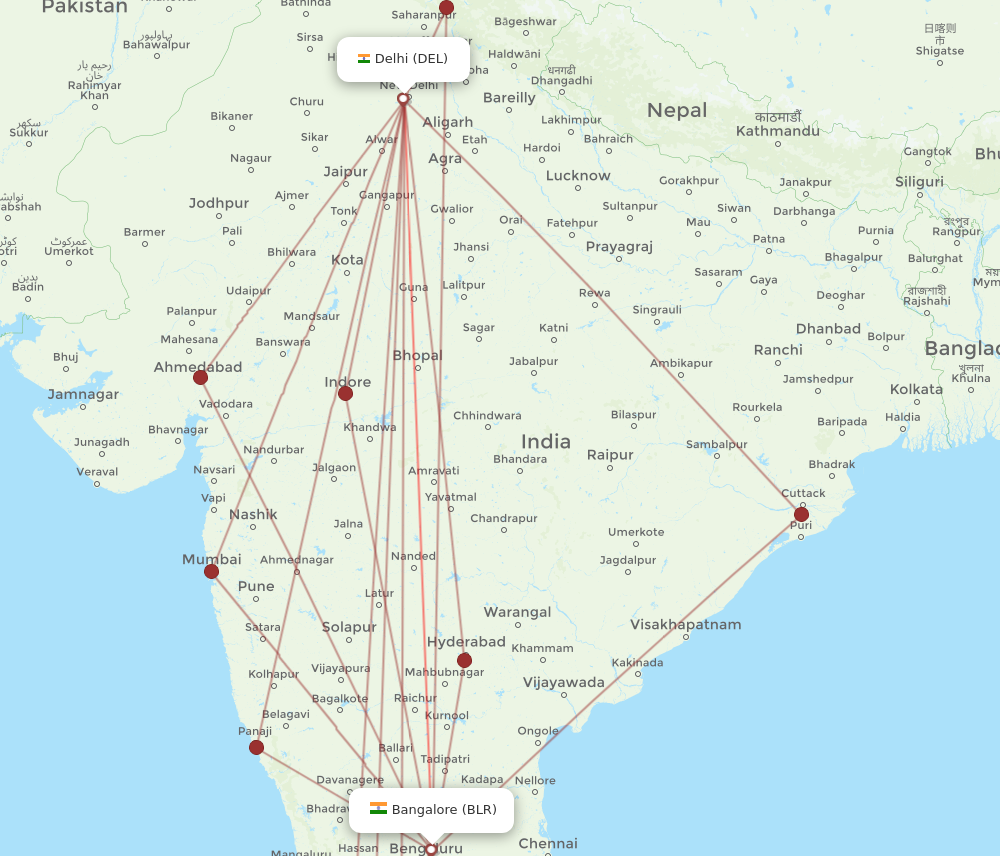 BLR to DEL flights and routes map