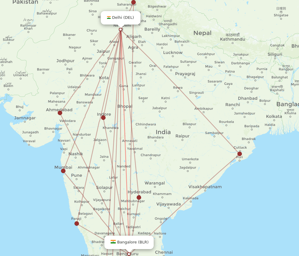 BLR-DEL flight routes