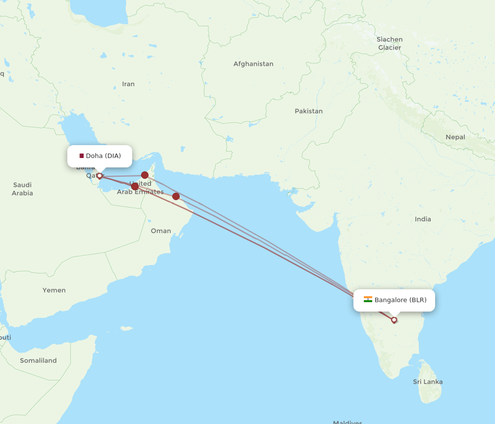 Bengaluru - Doha route map and flight paths