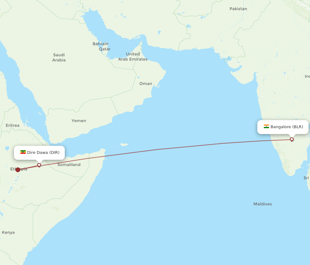 Bengaluru - Dire Dawa route map and flight paths