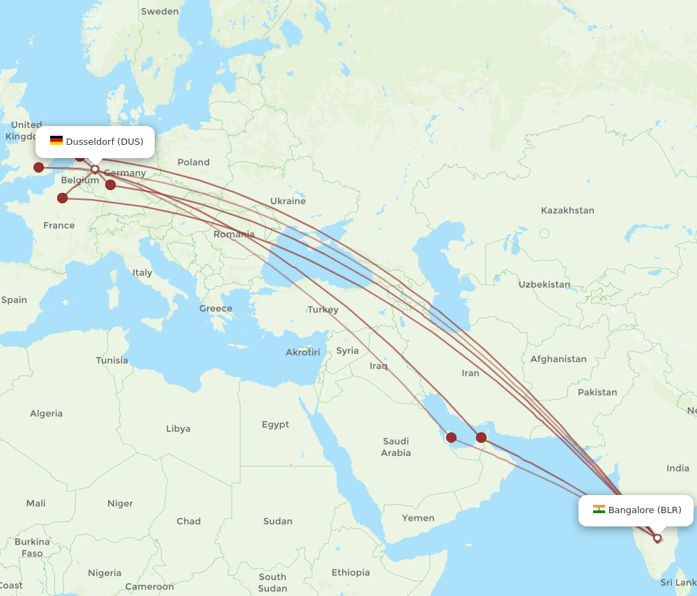 BLR-DUS flight routes