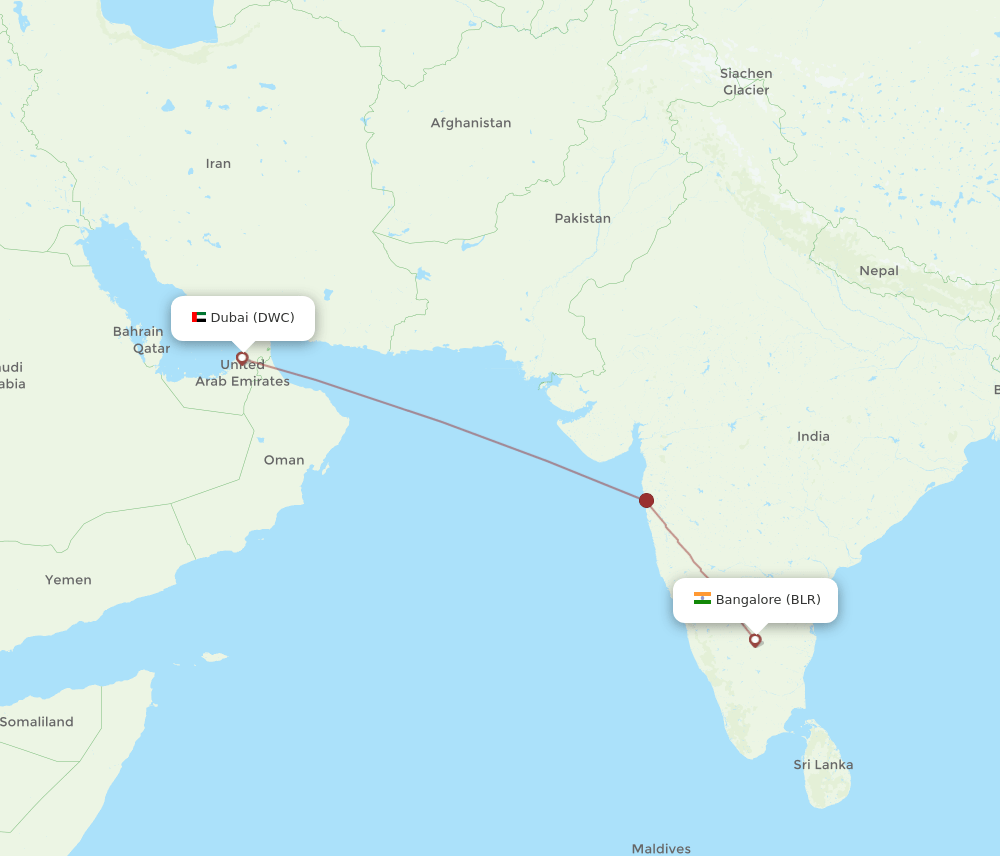 Bengaluru - Dubai route map and flight paths