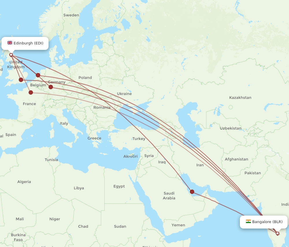 BLR to EDI flights and routes map