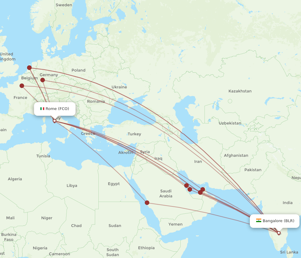 BLR to FCO flights and routes map