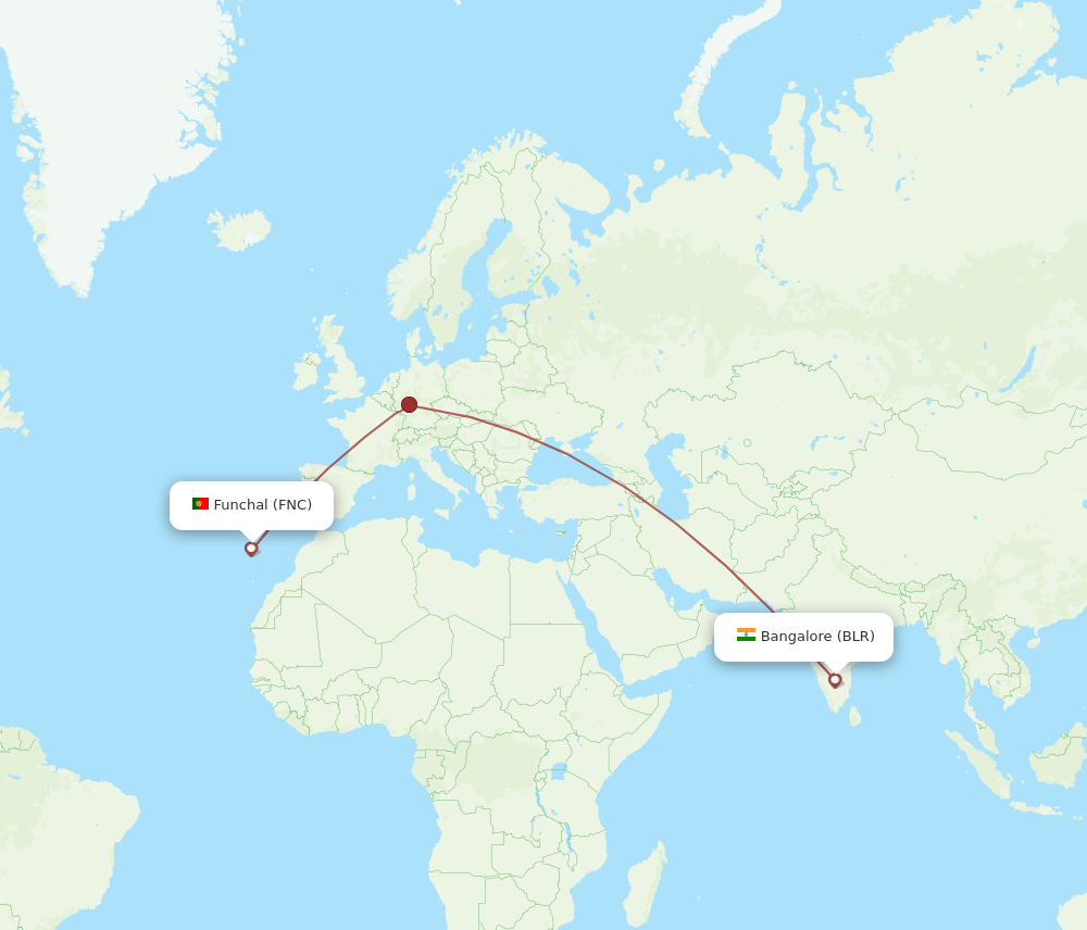 Funchal - Bengaluru route map and flight paths