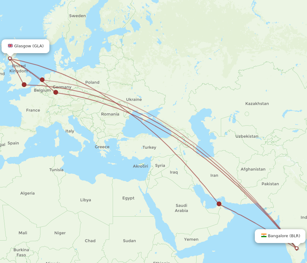 BLR to GLA flights and routes map