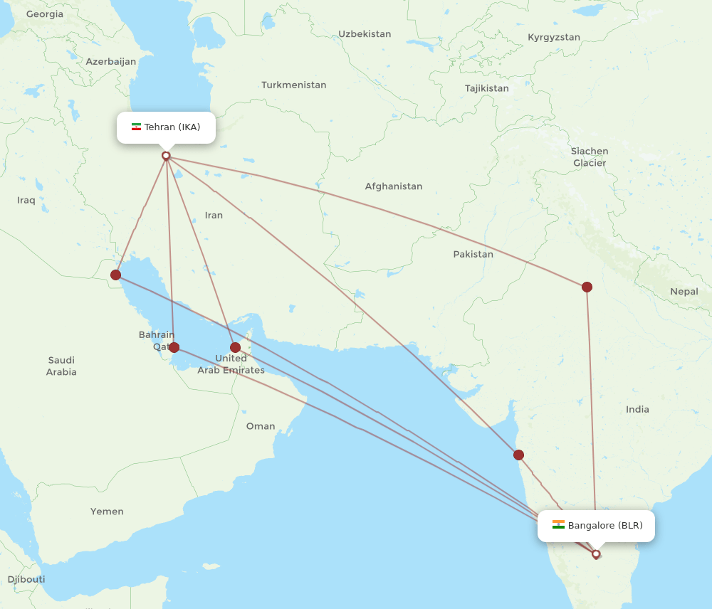 BLR to IKA flights and routes map