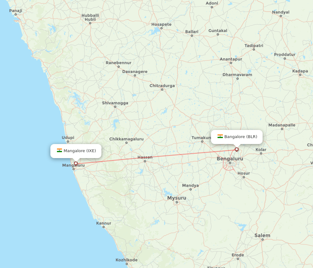 Bengaluru - Mangalore route map and flight paths