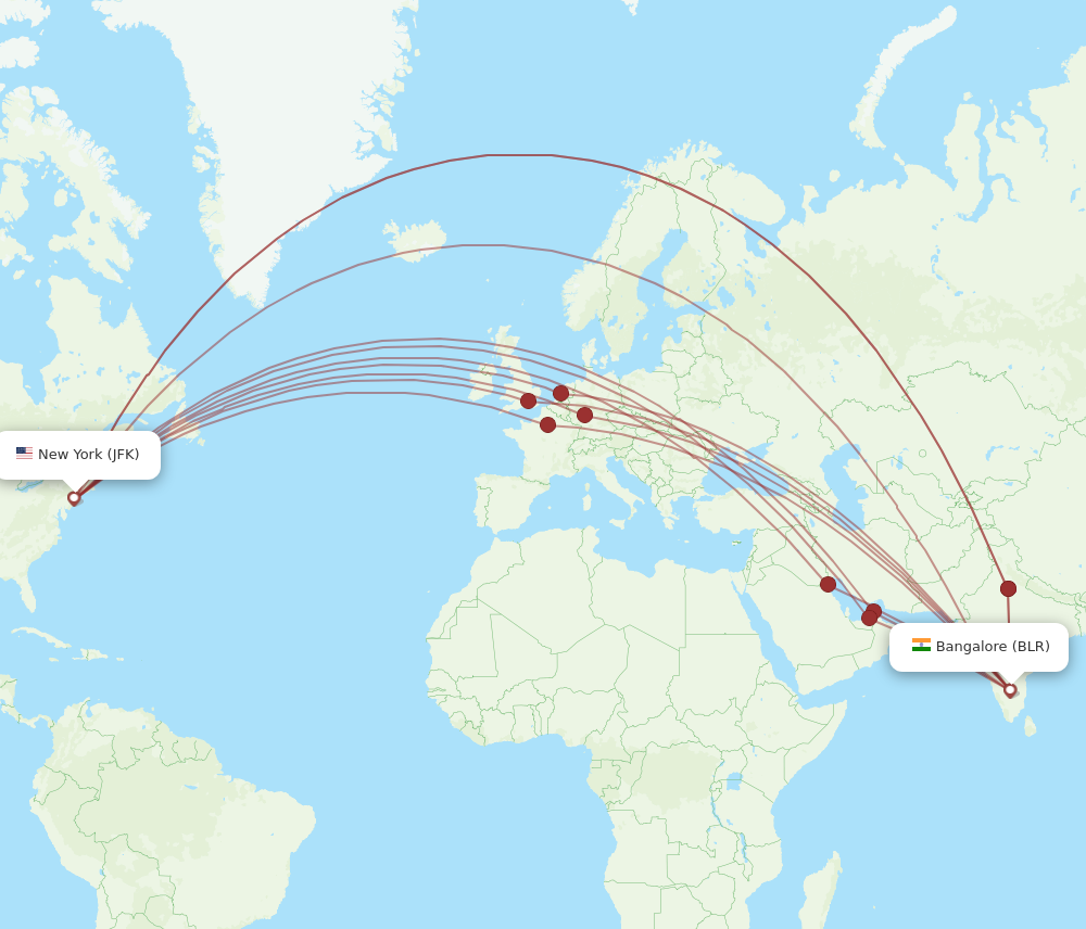BLR to JFK flights and routes map