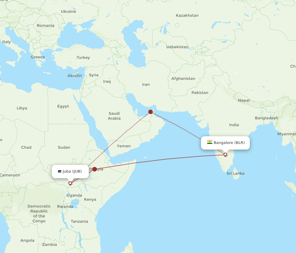 BLR to JUB flights and routes map