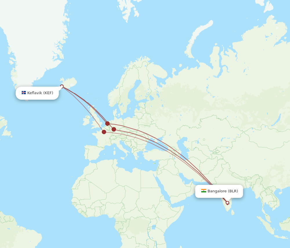 BLR to KEF flights and routes map
